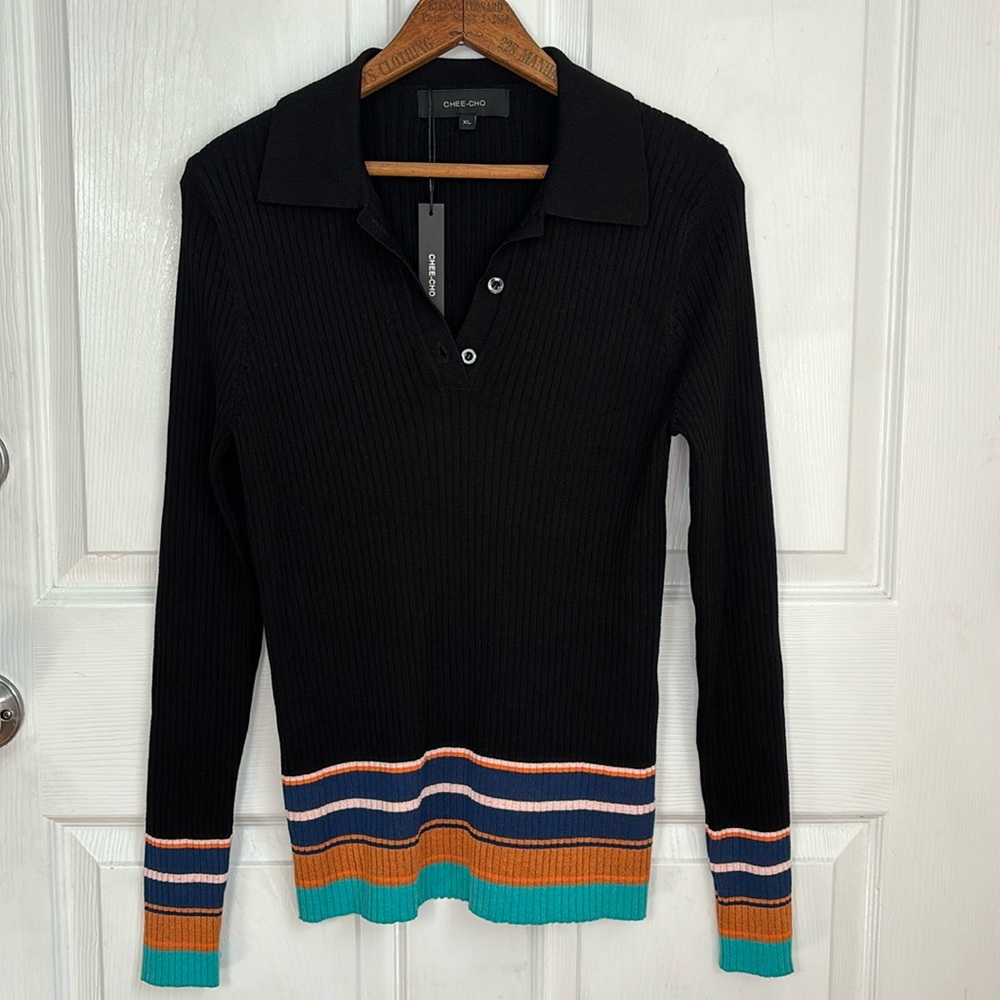 NEW CHEE-CHO Black Ribbed Polo Sweater Striped Size XL form fitting stretch